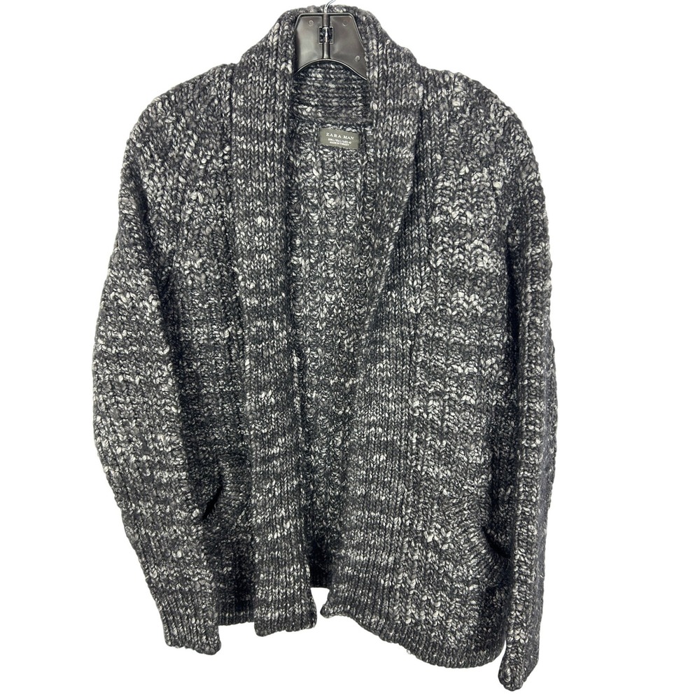 Zara Man Shawl Collar Chunky Knit Cardigan Marled Salt and Pepper Gray Large